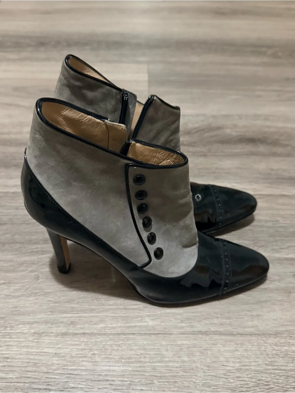 Manolo Blahnik Black Patent and Gray Suede Ankle Booties